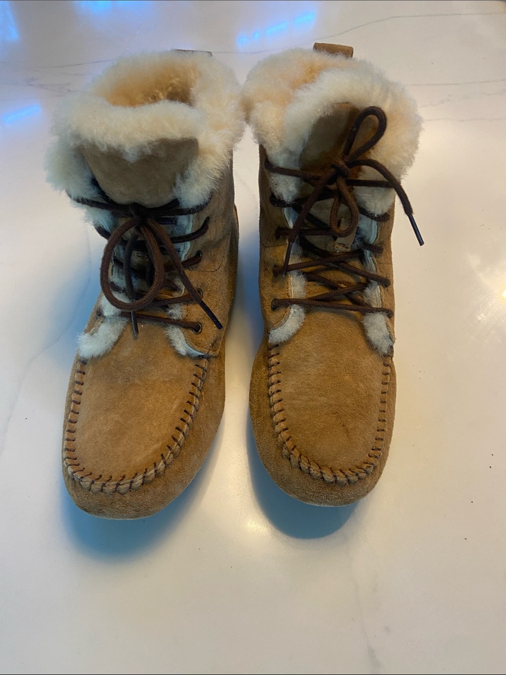 Shearling-Lined Suede Lace-Up Booties in Chestnut UGG